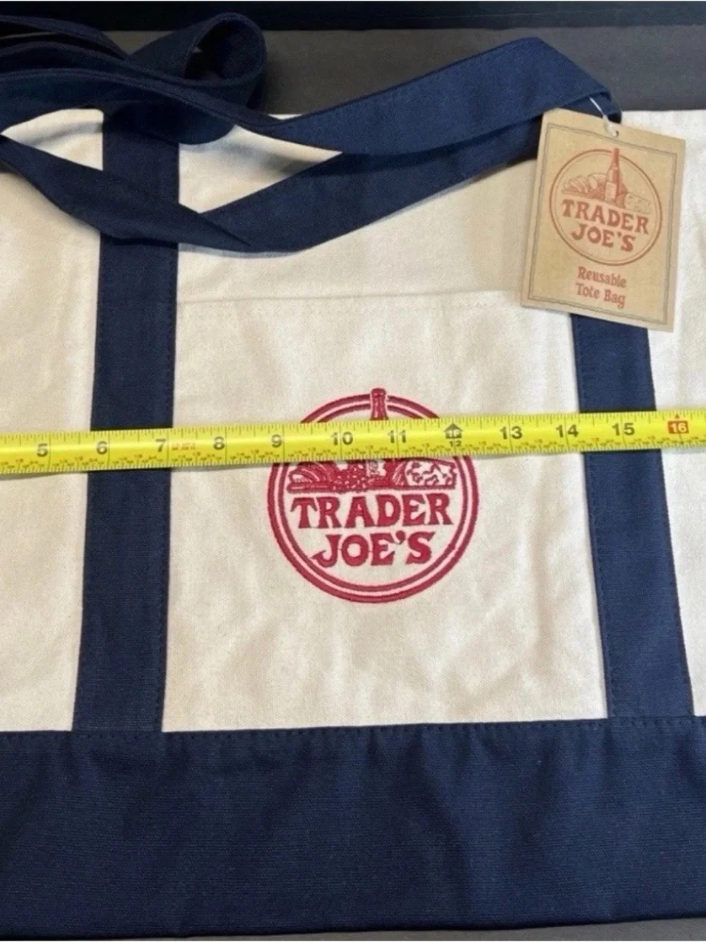 Trader Joe's Cream Canvas Tote with Navy Accents
